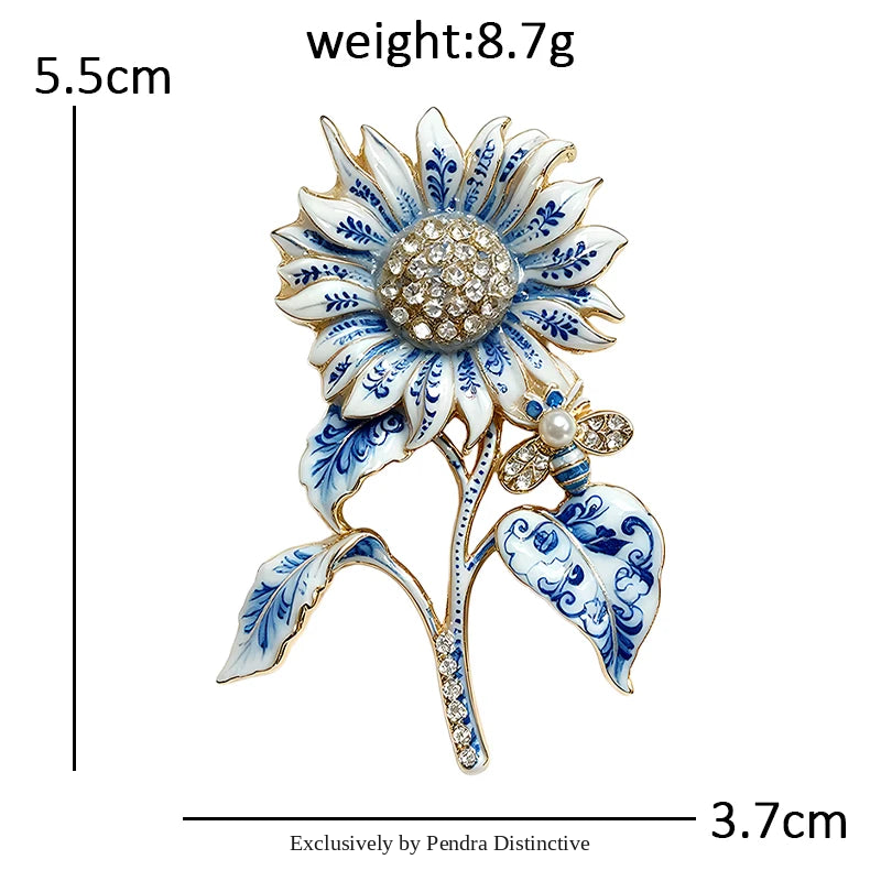 PENDRA Porcelia Blue-and-White Rhinestone Sunflower Brooch