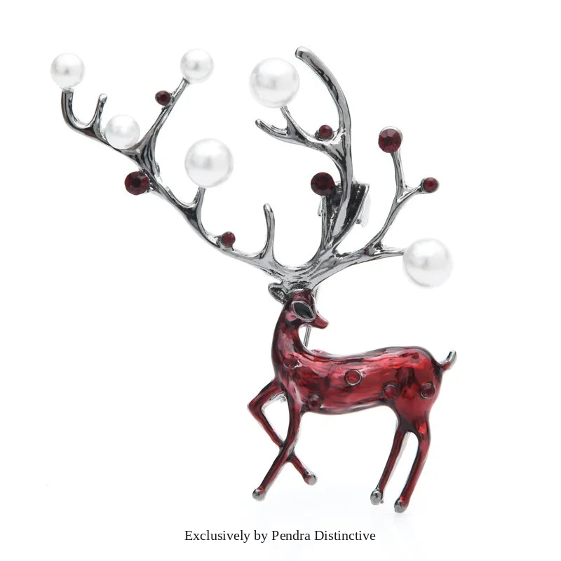 PENDRA Red Brown Enamel Deer Brooch