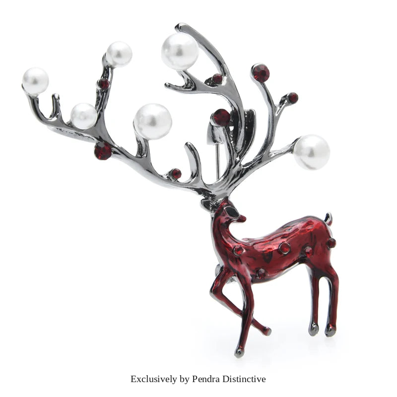 PENDRA Red Brown Enamel Deer Brooch