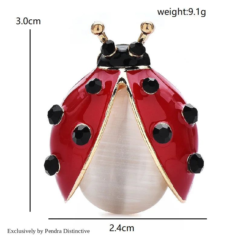 PENDRA Red Opal Ladybug Enamel Brooch