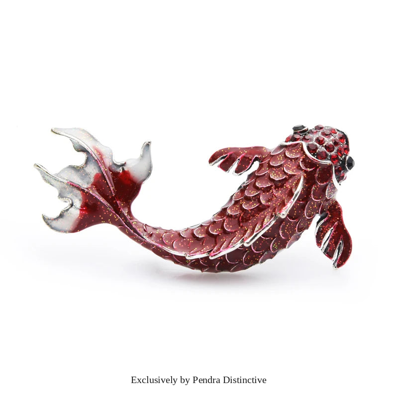 PENDRA Redcrest Rhinestone Carp Fish Brooch