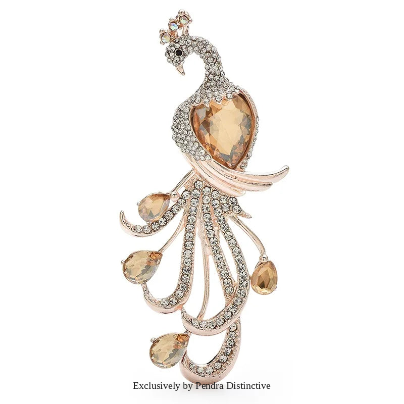 PENDRA Regal Peacock Rhinestone Bird Brooch