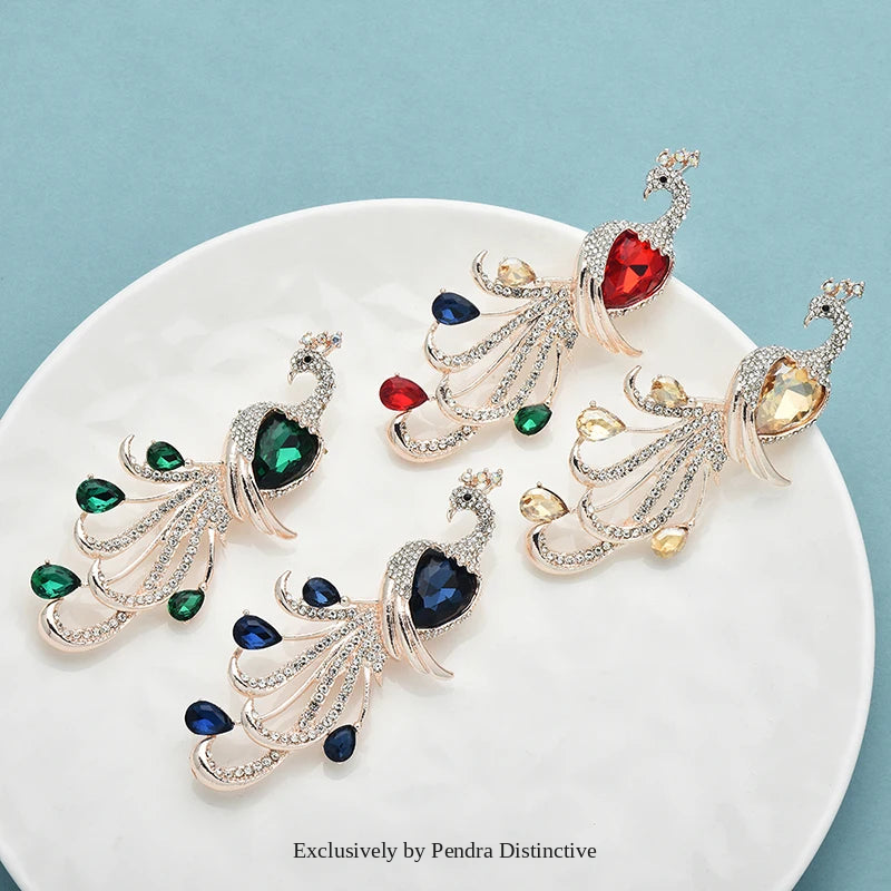 PENDRA Regal Peacock Rhinestone Bird Brooch