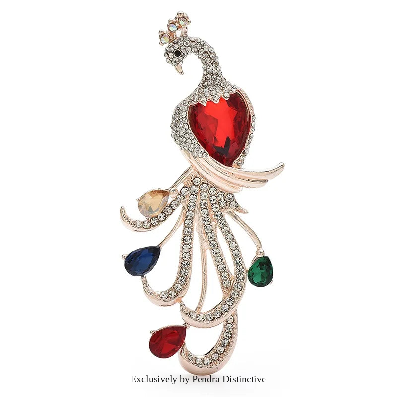 PENDRA Regal Peacock Rhinestone Bird Brooch