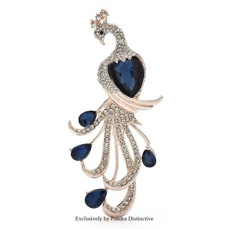 PENDRA Regal Peacock Rhinestone Bird Brooch