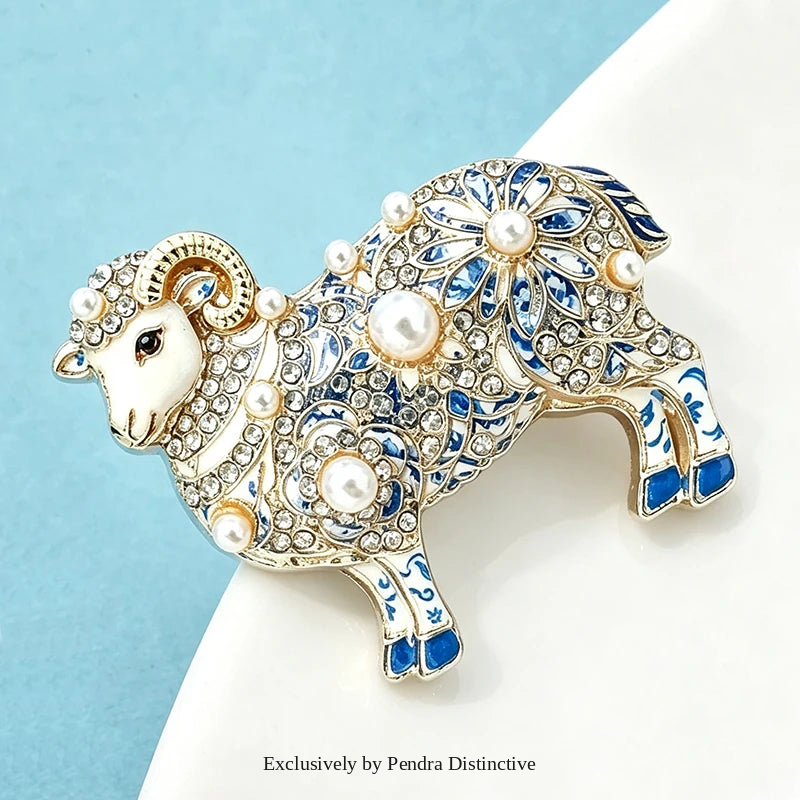 PENDRA Regal Pearl Goat Zodiac Brooch
