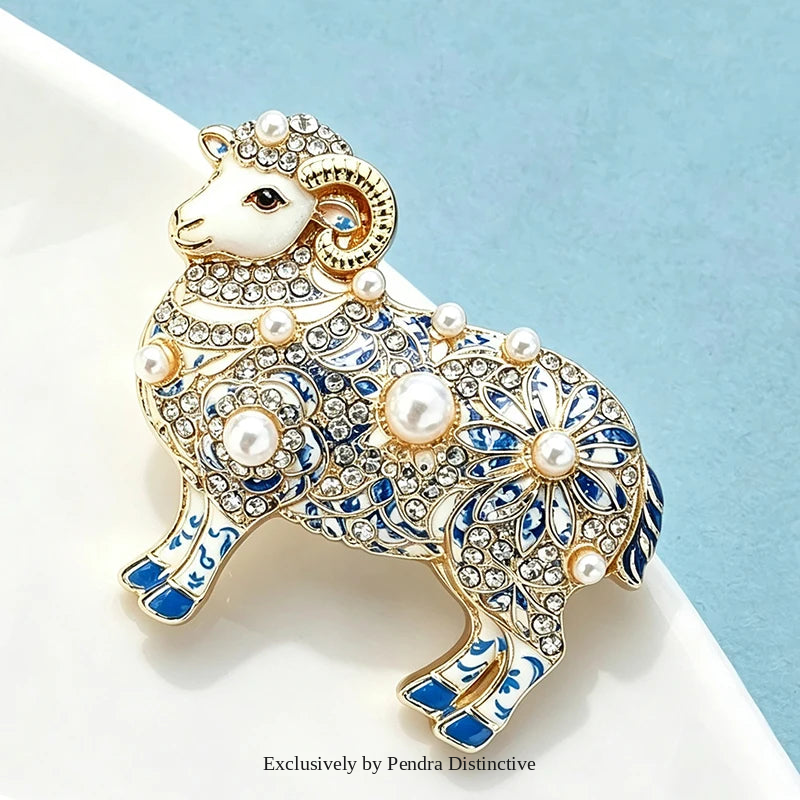 PENDRA Regal Pearl Goat Zodiac Brooch
