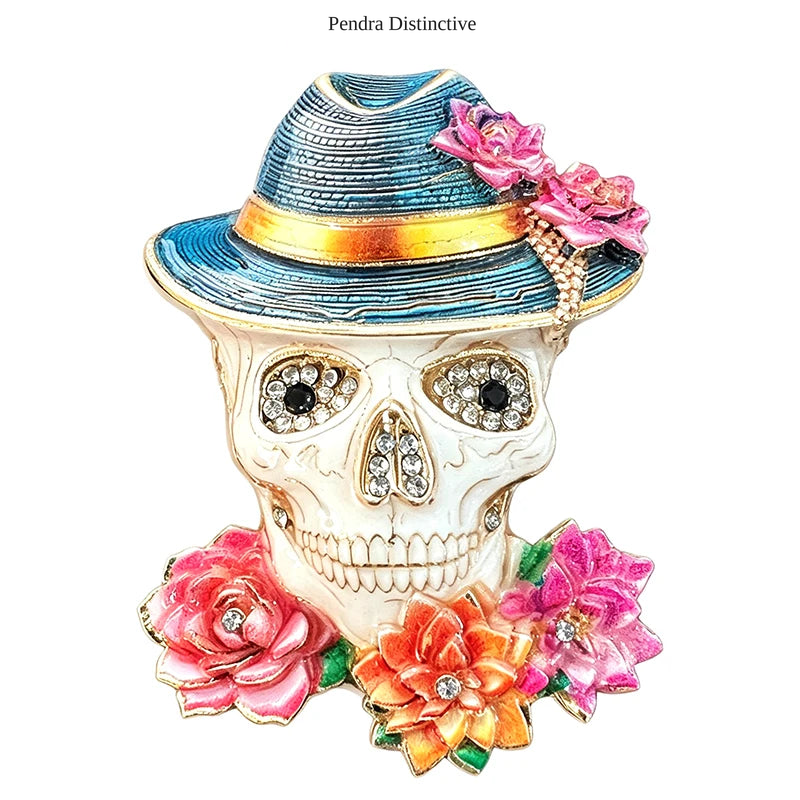 PENDRA Retro Wear Flowers Hat Skull Brooch
