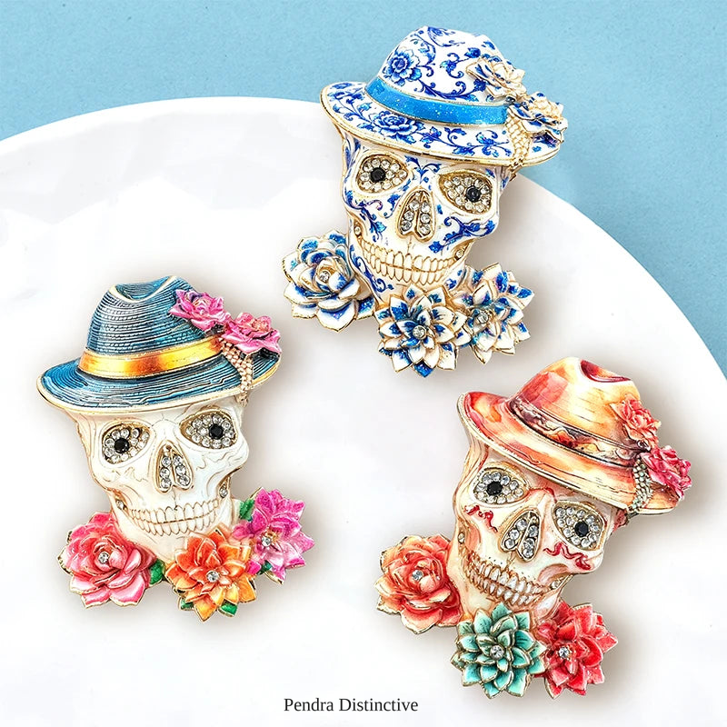 PENDRA Retro Wear Flowers Hat Skull Brooch