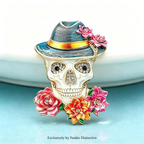 PENDRA Retro Wear Flowers Hat Skull Brooch