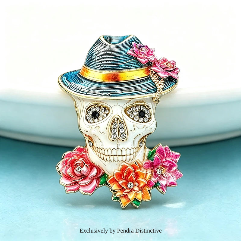 PENDRA Retro Wear Flowers Hat Skull Brooch