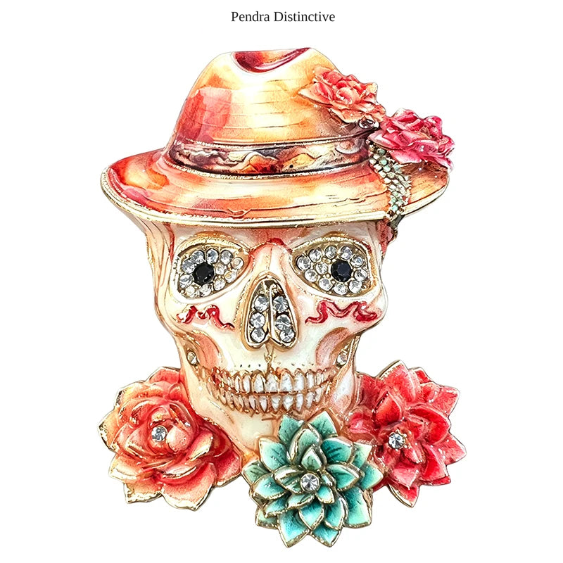 PENDRA Retro Wear Flowers Hat Skull Brooch