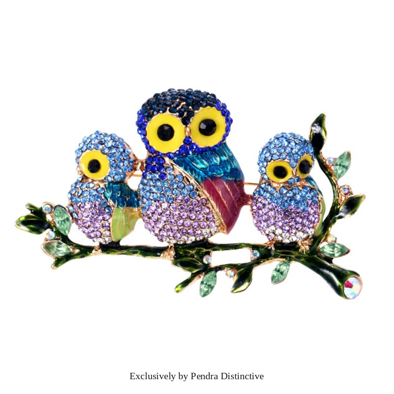 PENDRA Rhinestone Family Owls Brooch