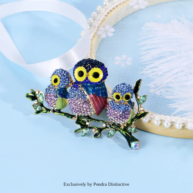 PENDRA Rhinestone Family Owls Brooch
