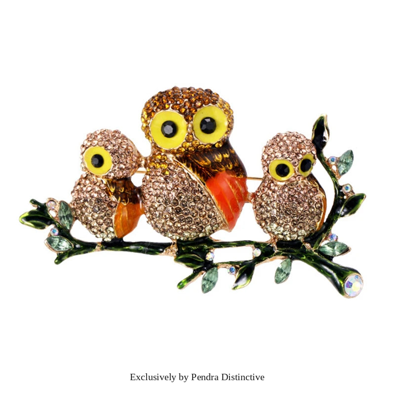 PENDRA Rhinestone Family Owls Brooch