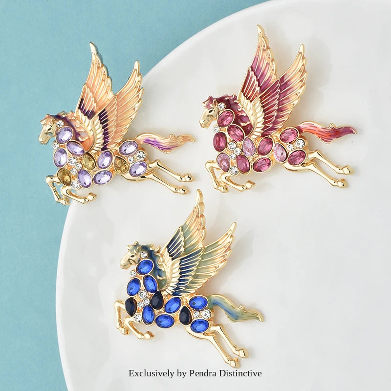 PENDRA Rhinestone Flying Elf Horse Brooch
