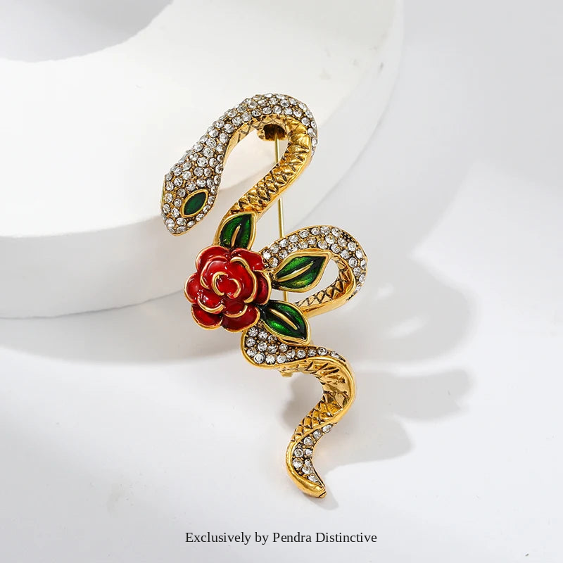 PENDRA Rhinestone Rose-flower Snake Brooch
