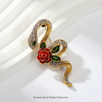 PENDRA Rhinestone Rose-flower Snake Brooch