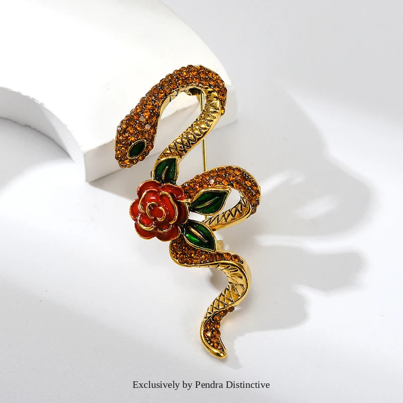 PENDRA Rhinestone Rose-flower Snake Brooch
