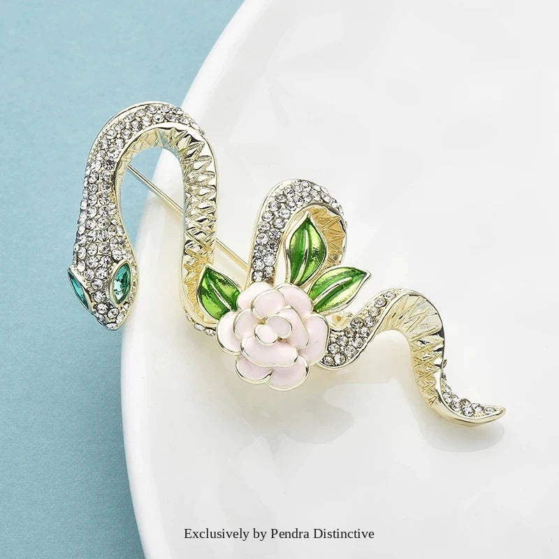 PENDRA Rhinestone Rose-flower Snake Brooch