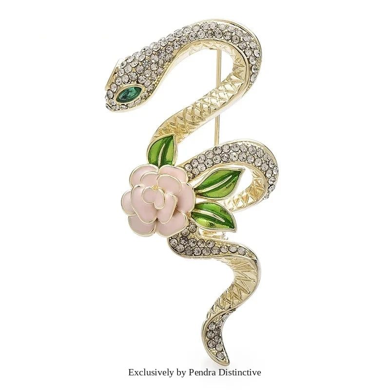 PENDRA Rhinestone Rose-flower Snake Brooch