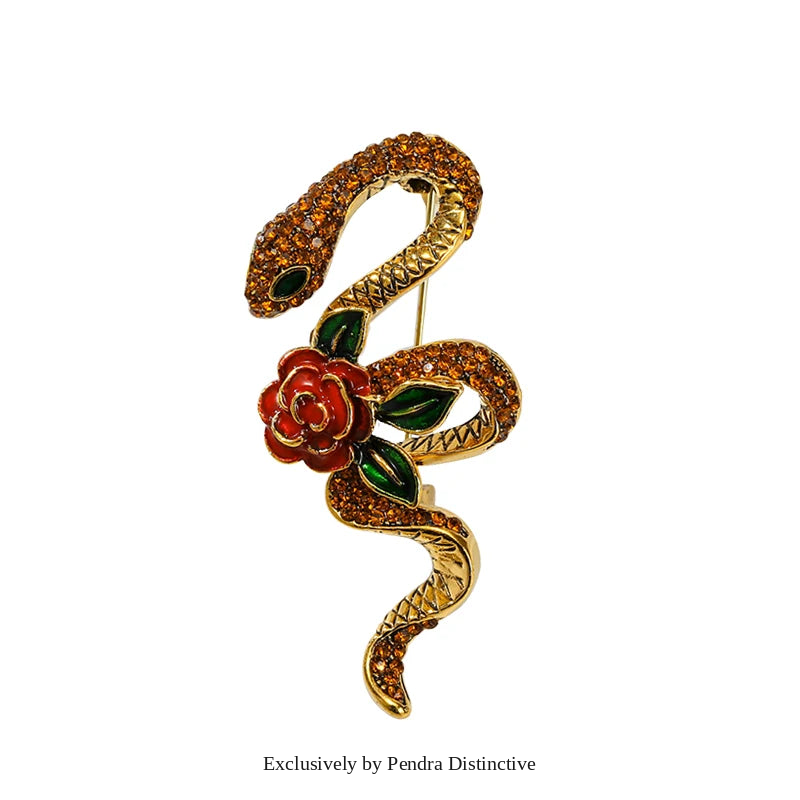 PENDRA Rhinestone Rose-flower Snake Brooch
