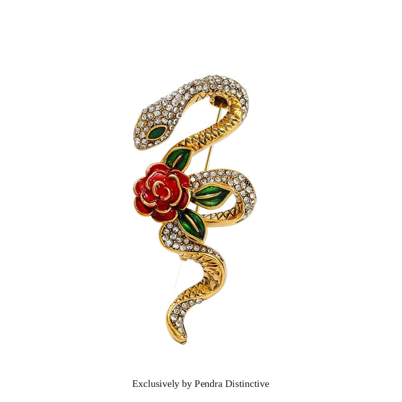 PENDRA Rhinestone Rose-flower Snake Brooch