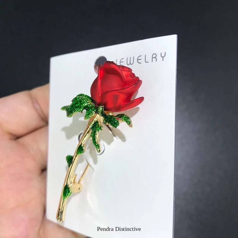 PENDRA Rosella Red Enamel Rose Flower Brooch