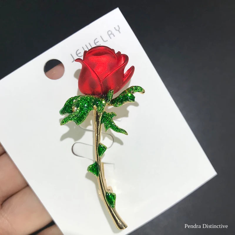 PENDRA Rosella Red Enamel Rose Flower Brooch