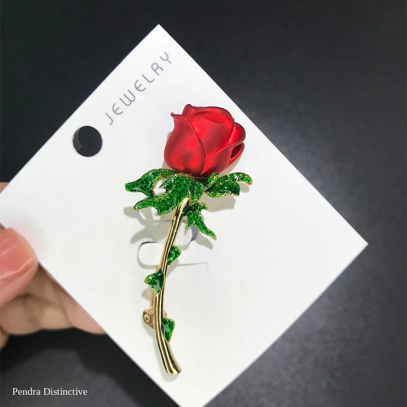 PENDRA Rosella Red Enamel Rose Flower Brooch