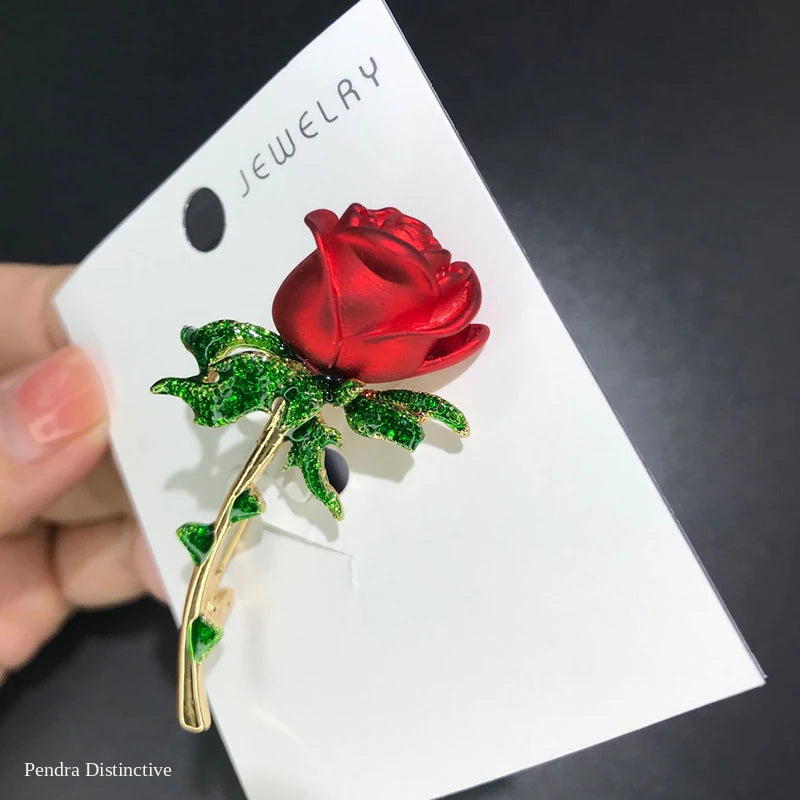 PENDRA Rosella Red Enamel Rose Flower Brooch