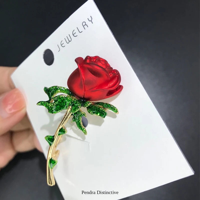 PENDRA Rosella Red Enamel Rose Flower Brooch