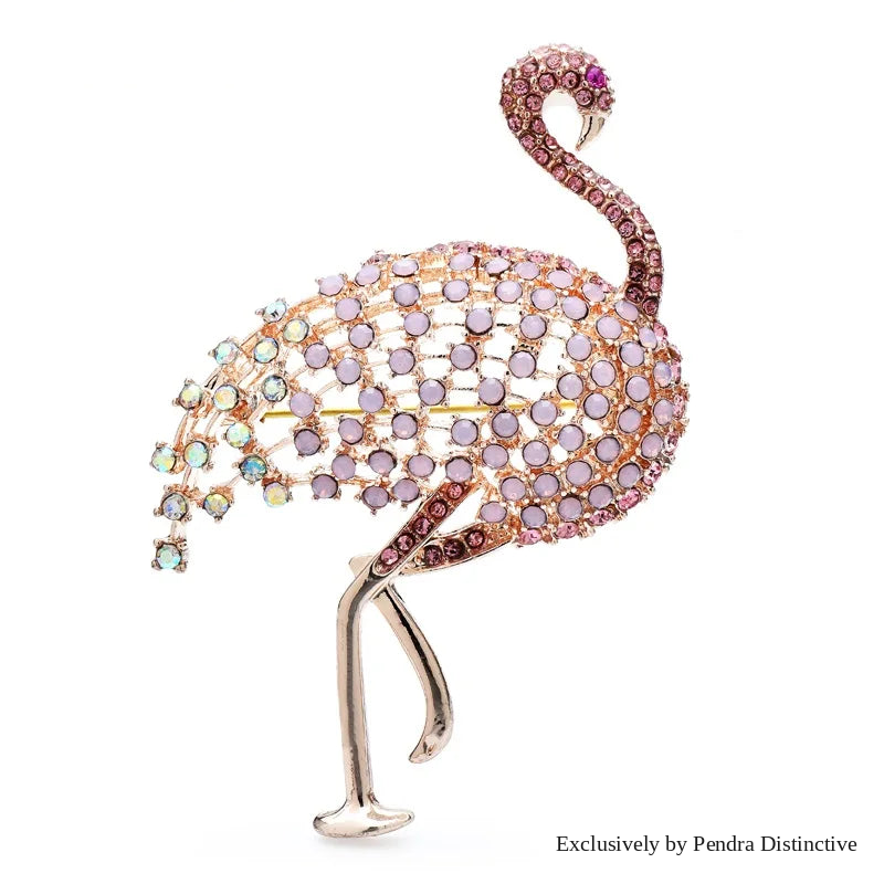 PENDRA Rosy Ostrich Rhinestone Bird Brooch