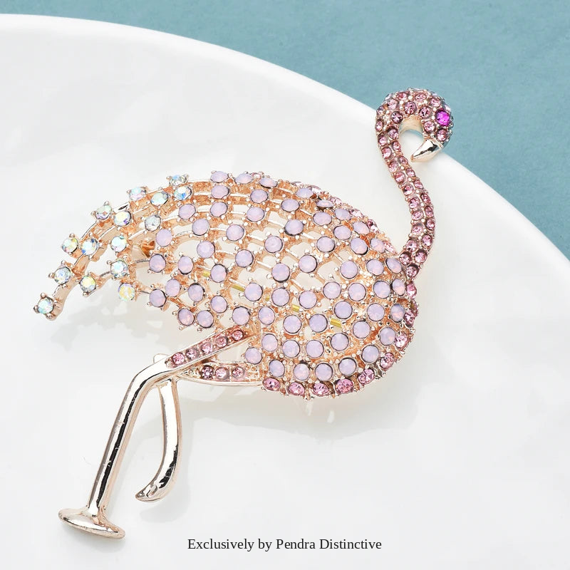 PENDRA Rosy Ostrich Rhinestone Bird Brooch