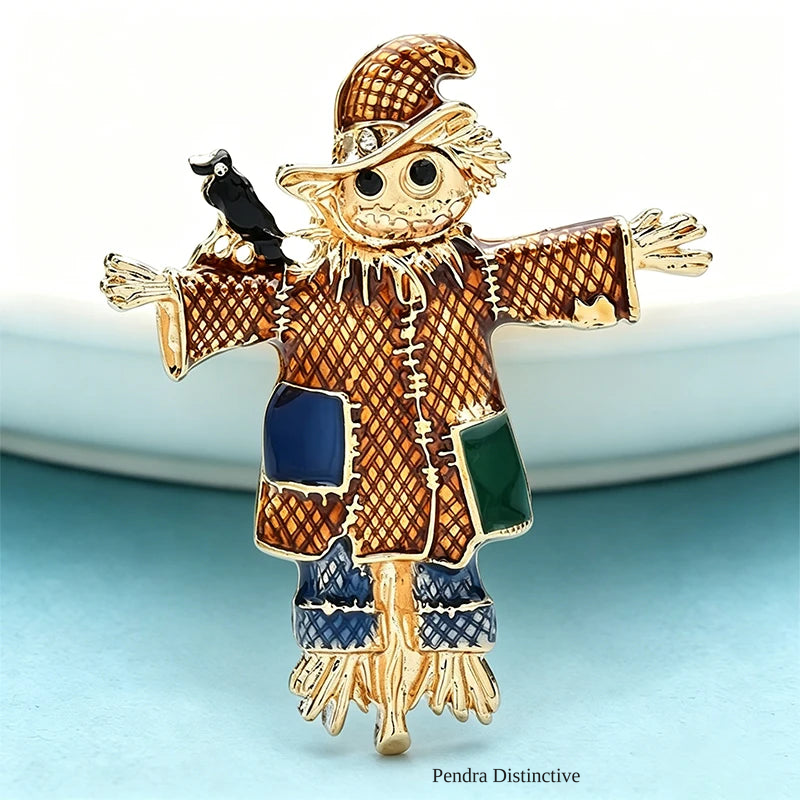 PENDRA Enamel Black Bird on Skull Scarecrow Wearing Hat And Patch Clothing Brooch