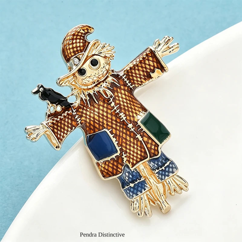 PENDRA Enamel Black Bird on Skull Scarecrow Wearing Hat And Patch Clothing Brooch