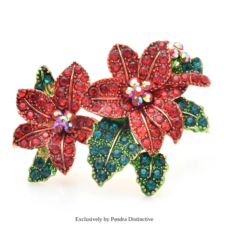 PENDRA Scarlet Red Rhinestone Alloy Flower Brooch