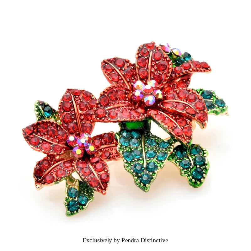 PENDRA Scarlet Red Rhinestone Alloy Flower Brooch