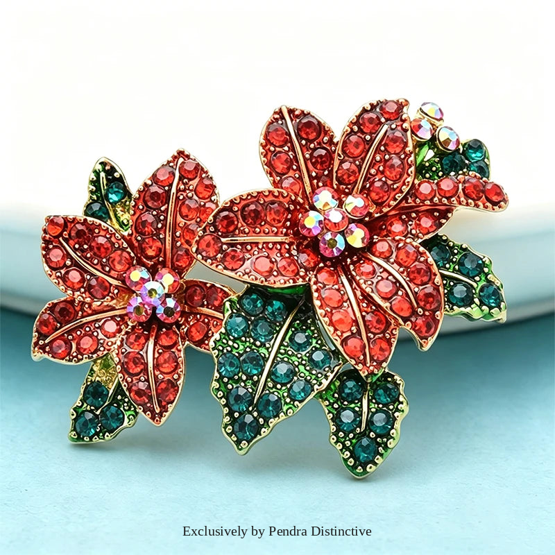 PENDRA Scarlet Red Rhinestone Alloy Flower Brooch