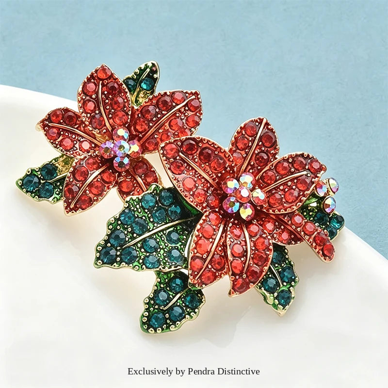PENDRA Scarlet Red Rhinestone Alloy Flower Brooch
