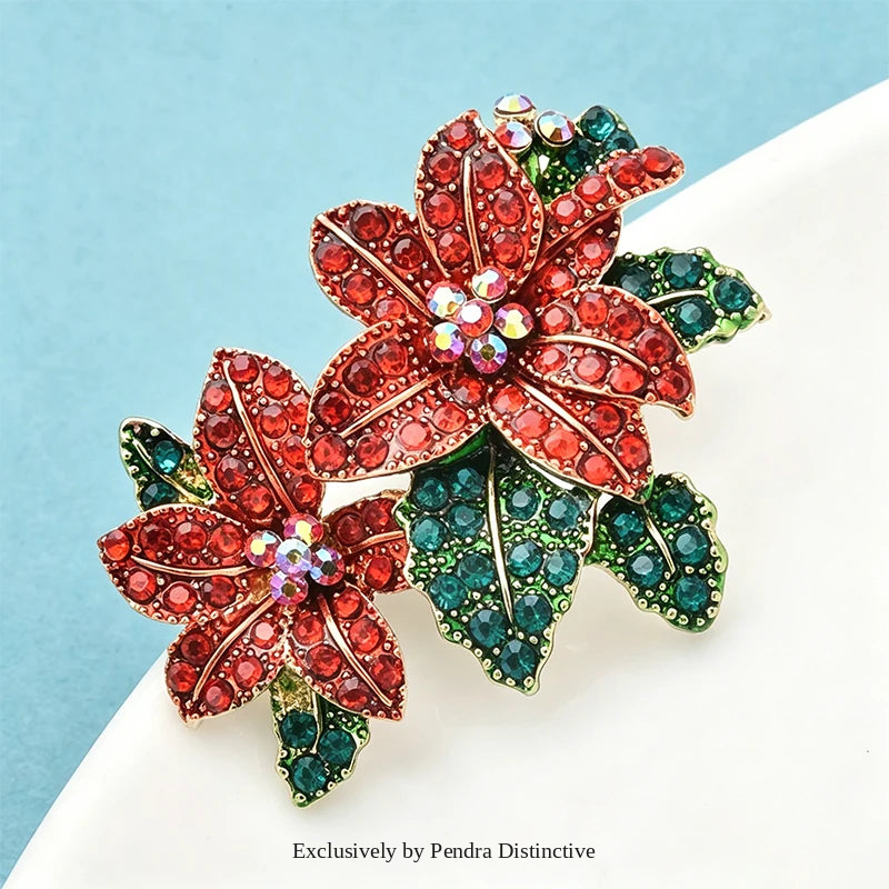 PENDRA Scarlet Red Rhinestone Alloy Flower Brooch