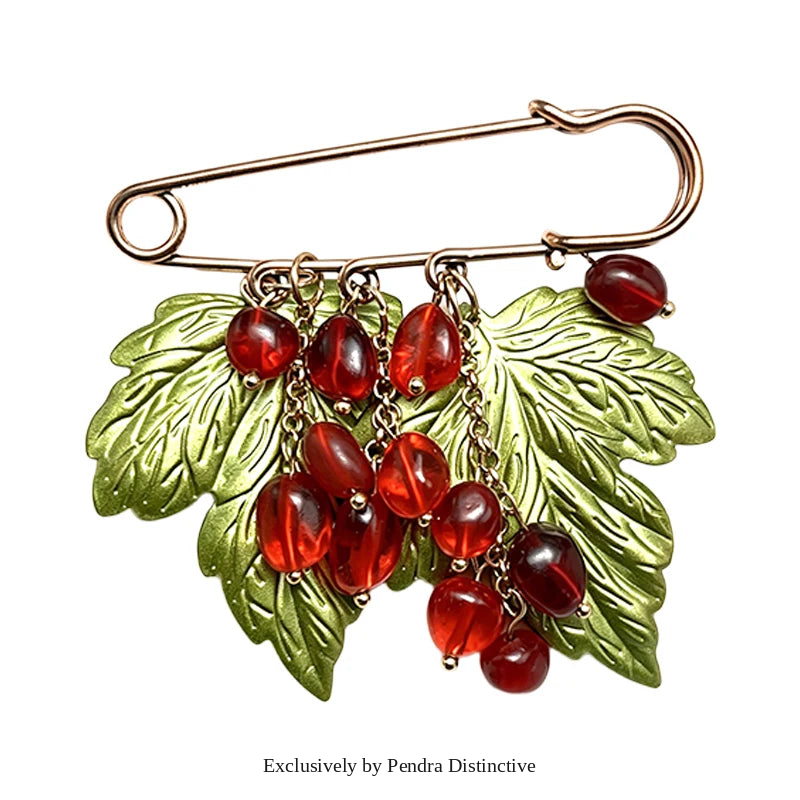 PENDRA Scarlet Vintage Red-Bead Leaf Flower Brooch