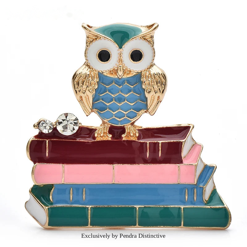 PENDRA Scholar Enamel Owl & Books Brooch