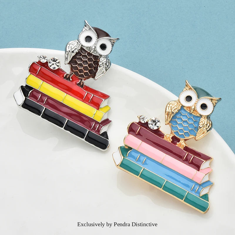 PENDRA Scholar Enamel Owl & Books Brooch