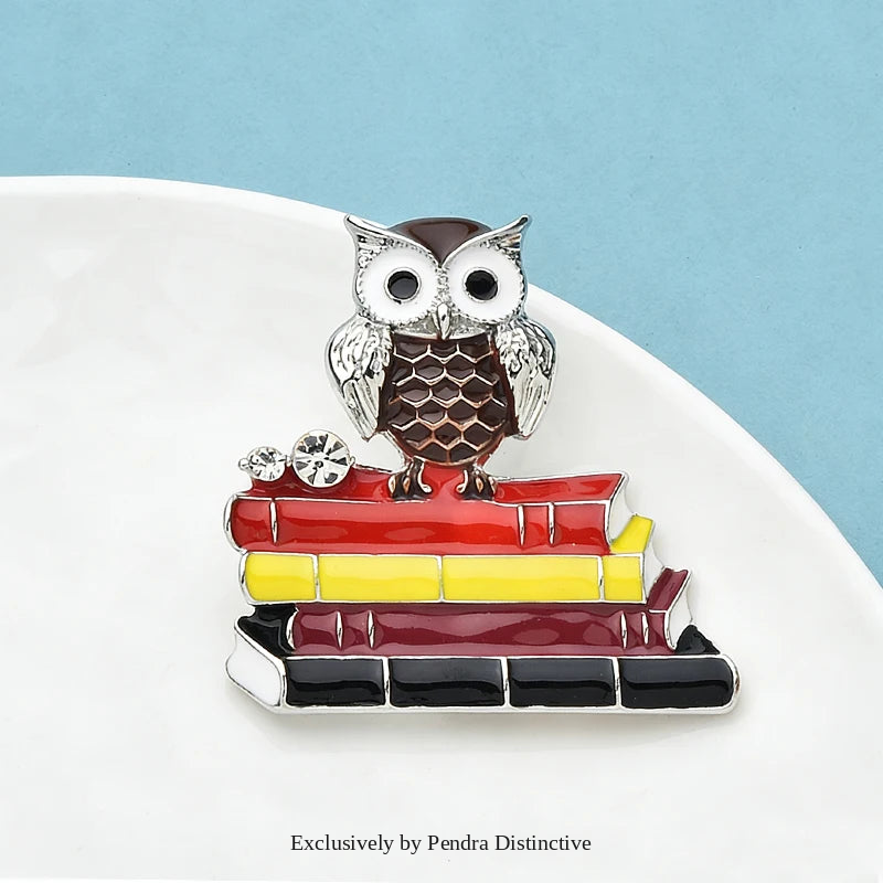 PENDRA Scholar Enamel Owl & Books Brooch