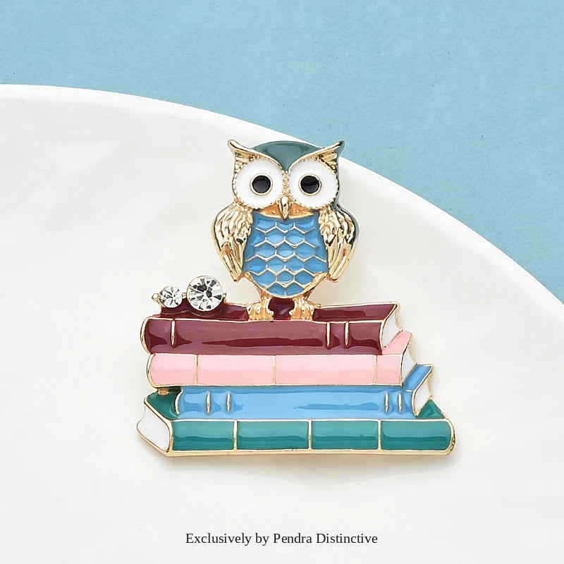 PENDRA Scholar Enamel Owl & Books Brooch