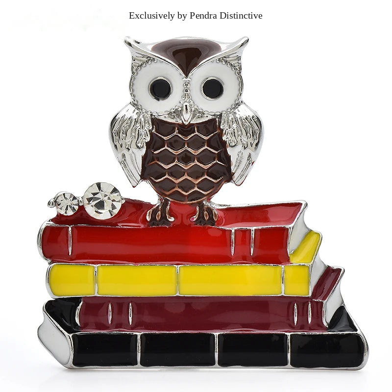 PENDRA Scholar Enamel Owl & Books Brooch