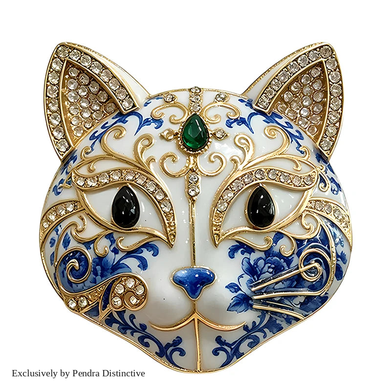 PENDRA Selene Enamel Rhinestone Cat Brooch