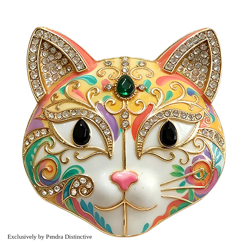 PENDRA Selene Enamel Rhinestone Cat Brooch
