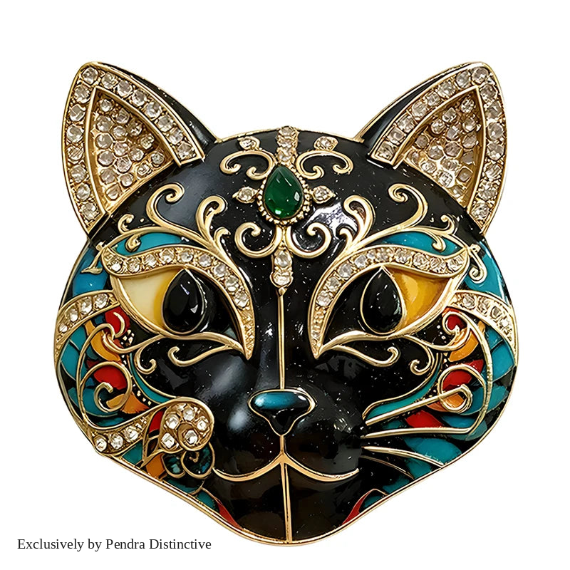 PENDRA Selene Enamel Rhinestone Cat Brooch